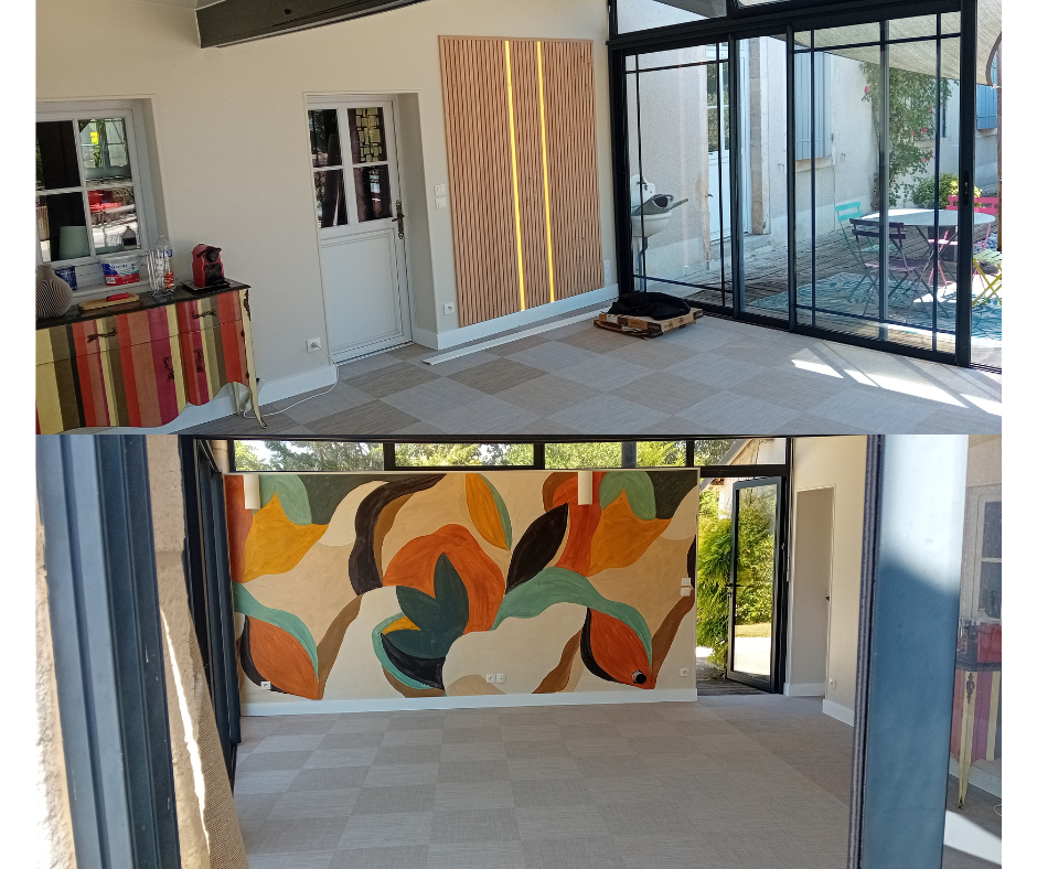 Rénovation sol et murs dans ce salon d’été ! panoramique sur mesure, mise en peinture, panneau tasseaux décoratif et sol vinyle tissé !